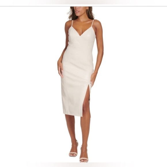 CALVIN‎ KLEIN stony beige v-neck cream pleather Side-Slit Midi Dress size 2 new - Picture 5 of 5